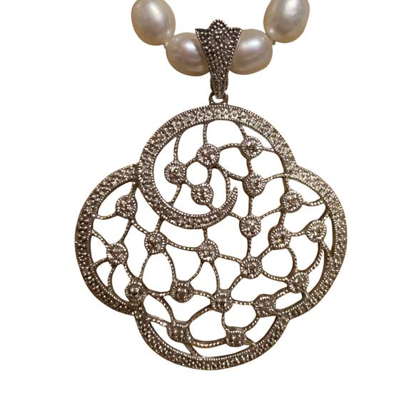 Sterling Silver & Freshwater Pearl Necklace w/ Removable Sterling & Zircon Pend. - Picture 5 of 12